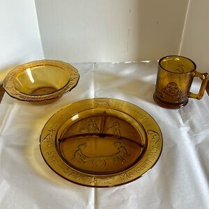 Vintage Tiara R.S. glass amber color children’s nursery rhyme plate/mug/bowl set